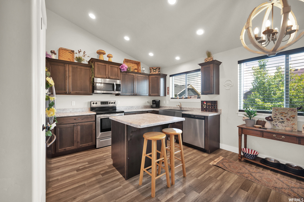 Kitchen featuring dark hardwood / wood-style floors, plenty of natural light, stainless steel appliances, and a notable chandelier