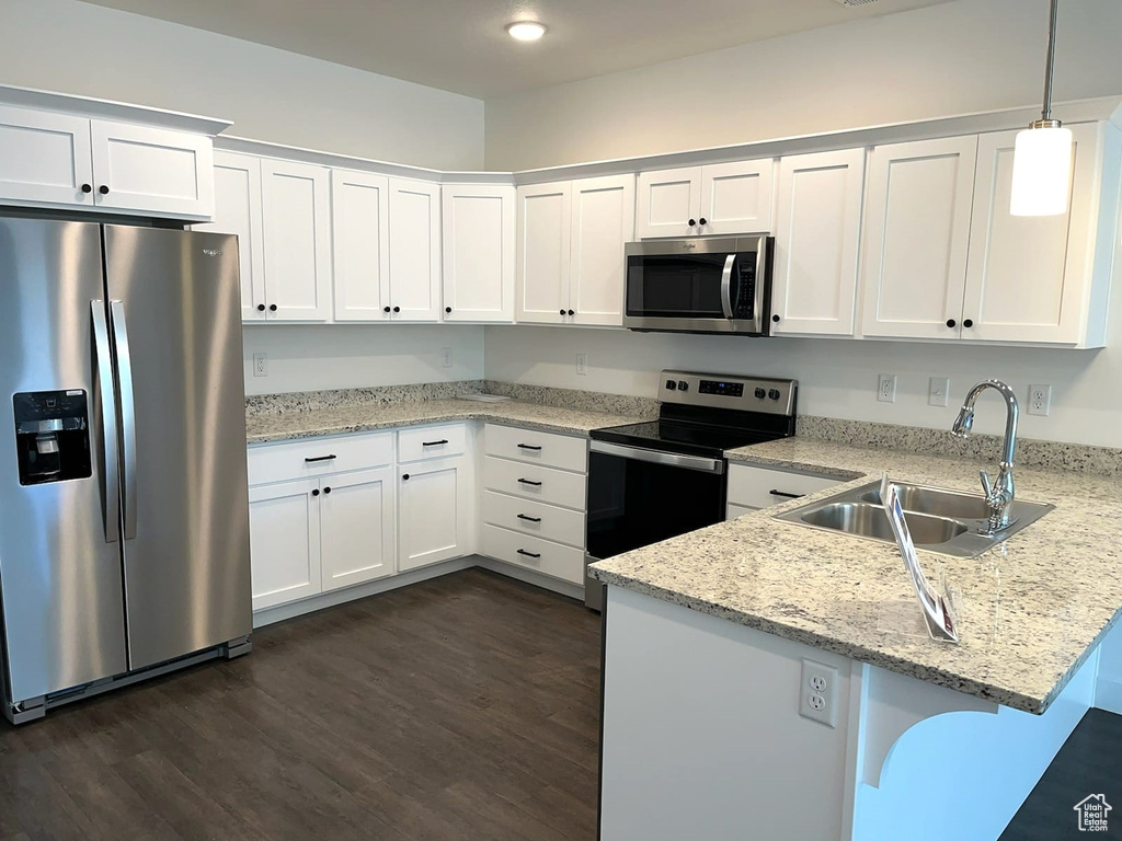 Kitchen featuring white cabinets, stainless steel appliances, sink, and dark hardwood / wood-style floors