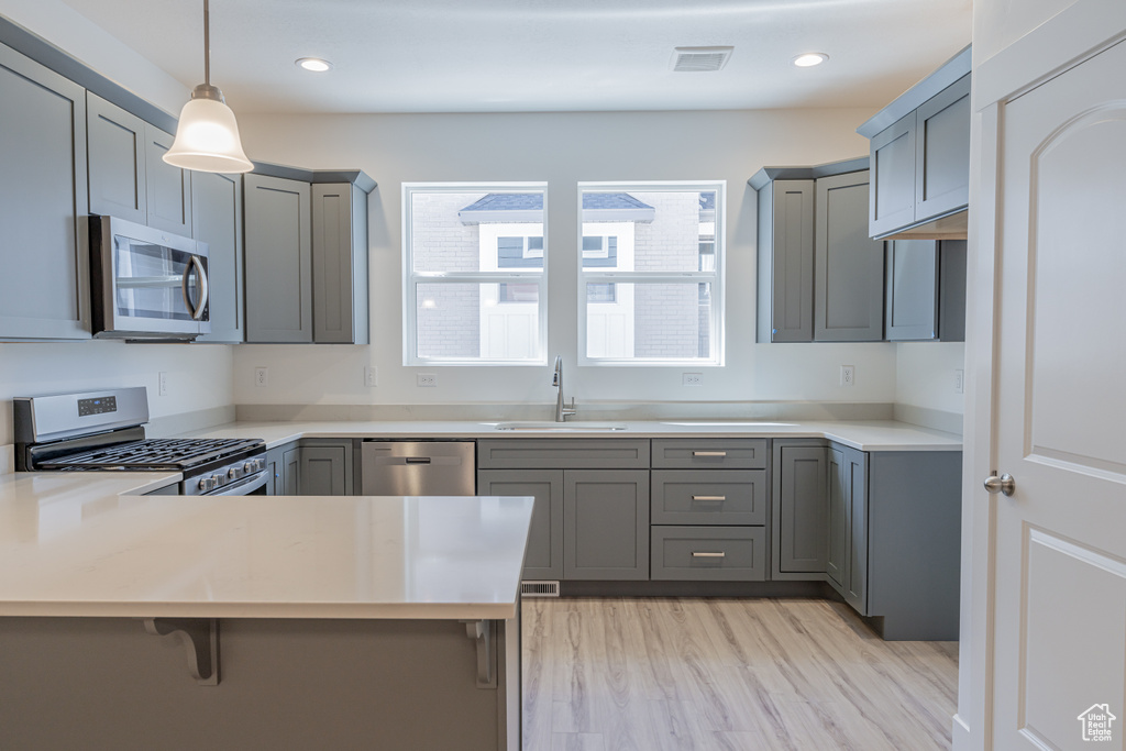 Kitchen featuring sink, appliances with stainless steel finishes, hanging light fixtures, light hardwood / wood-style floors, and gray cabinetry