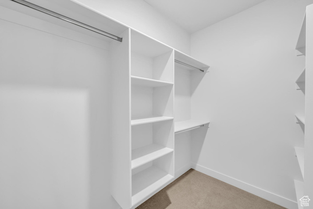 Walk in closet with light colored carpet