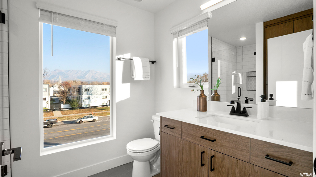 Bathroom with toilet, plenty of natural light, and a mountain view
