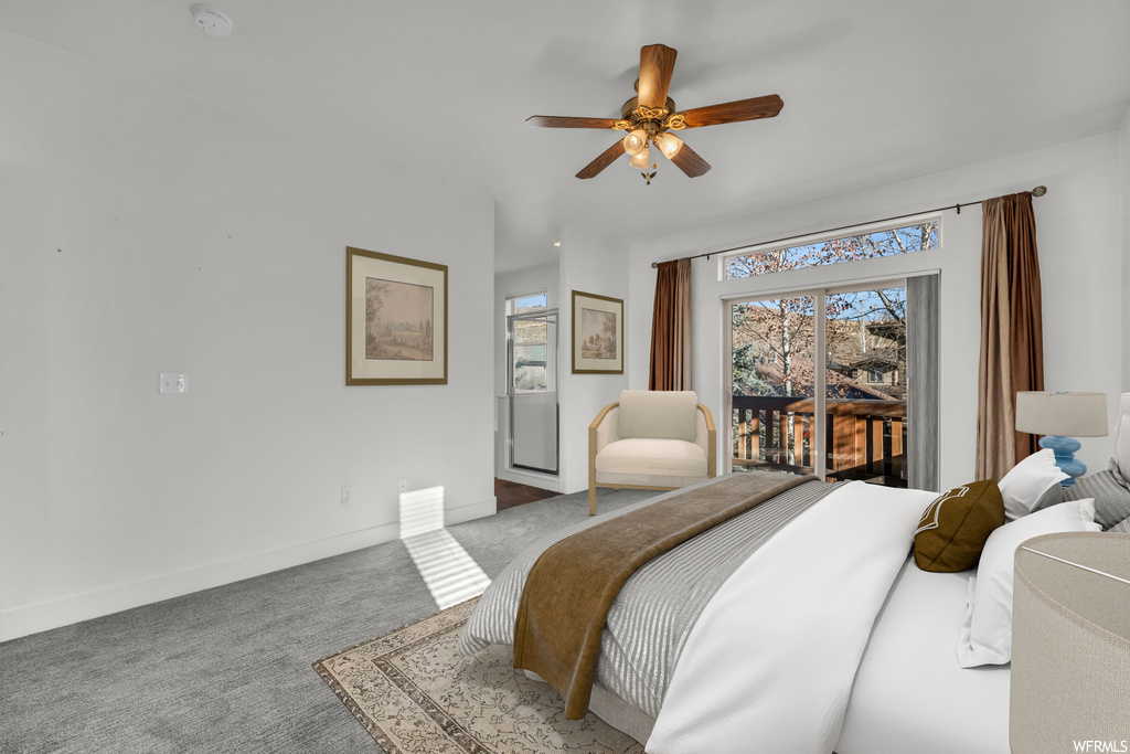 Bedroom featuring ceiling fan, access to outside, and light colored carpet