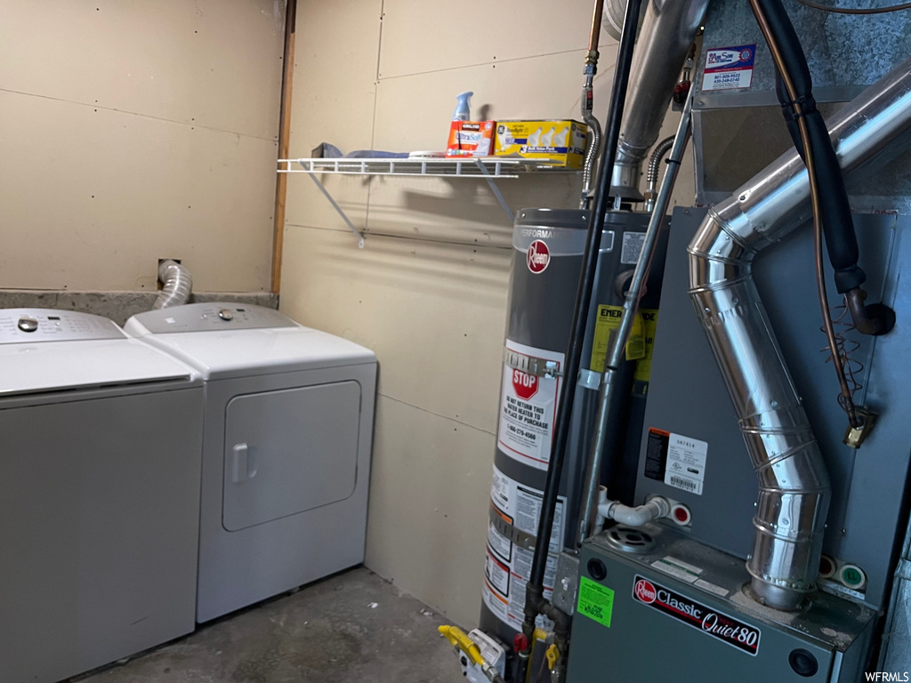 Laundry area featuring water heater and washing machine and dryer