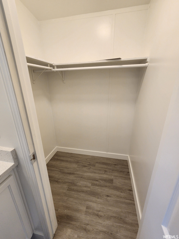 Spacious closet with dark hardwood / wood-style floors