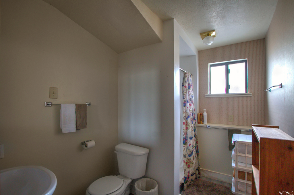 Bathroom featuring toilet, a textured ceiling, and sink