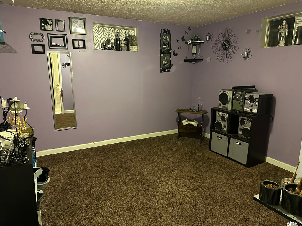 Misc room with a textured ceiling and dark colored carpet