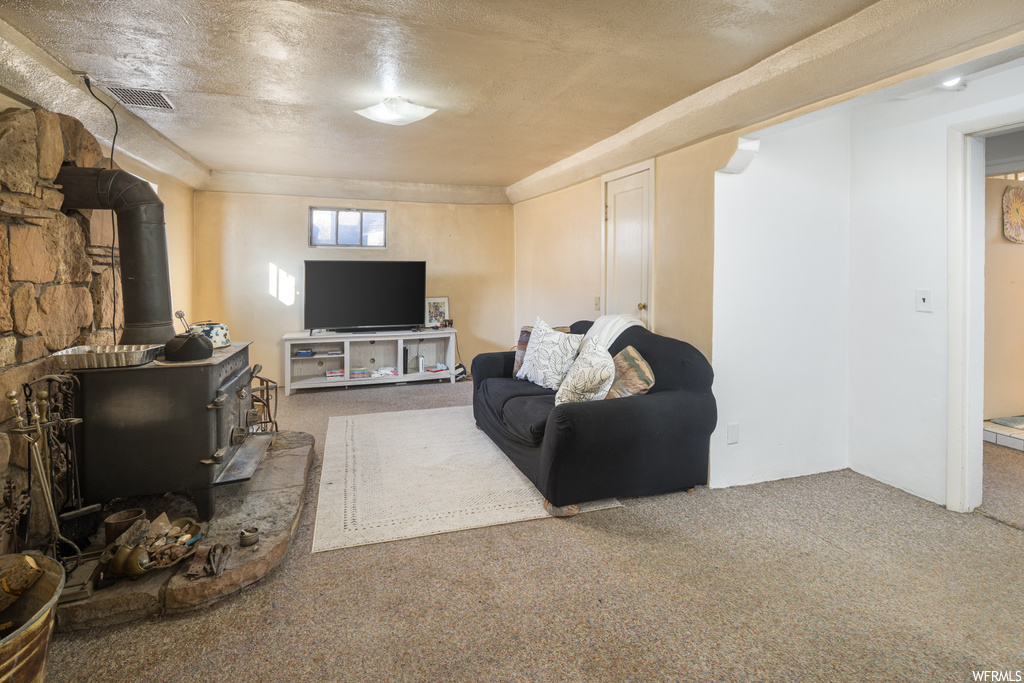 Living room featuring a wood stove, a textured ceiling, and carpet