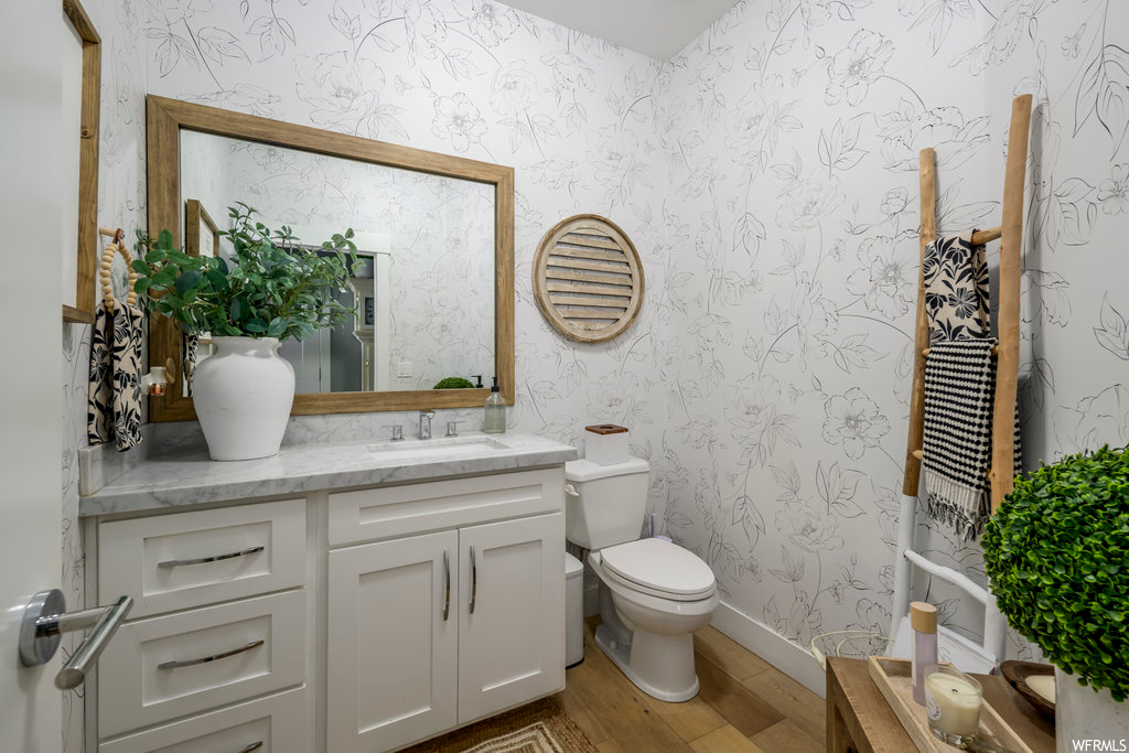 Bathroom with toilet, large vanity, and hardwood / wood-style floors