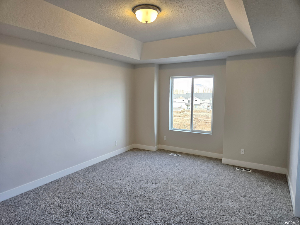 Carpeted empty room with a tray ceiling and a textured ceiling