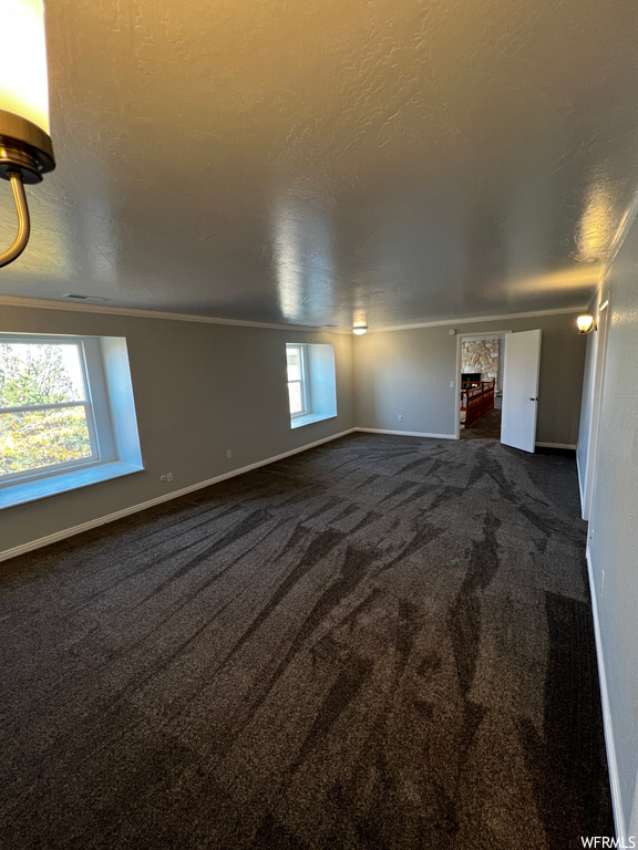 Empty room with dark carpet and a wealth of natural light