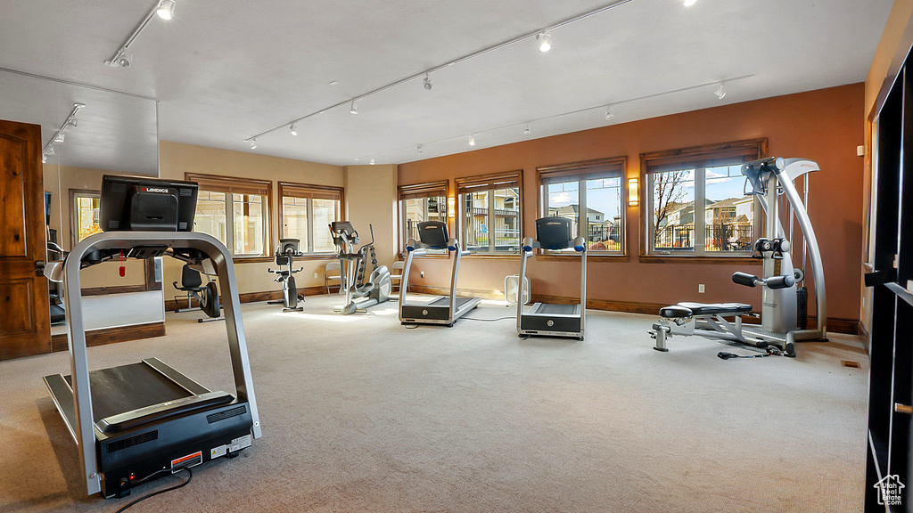 Workout area with track lighting and light carpet
