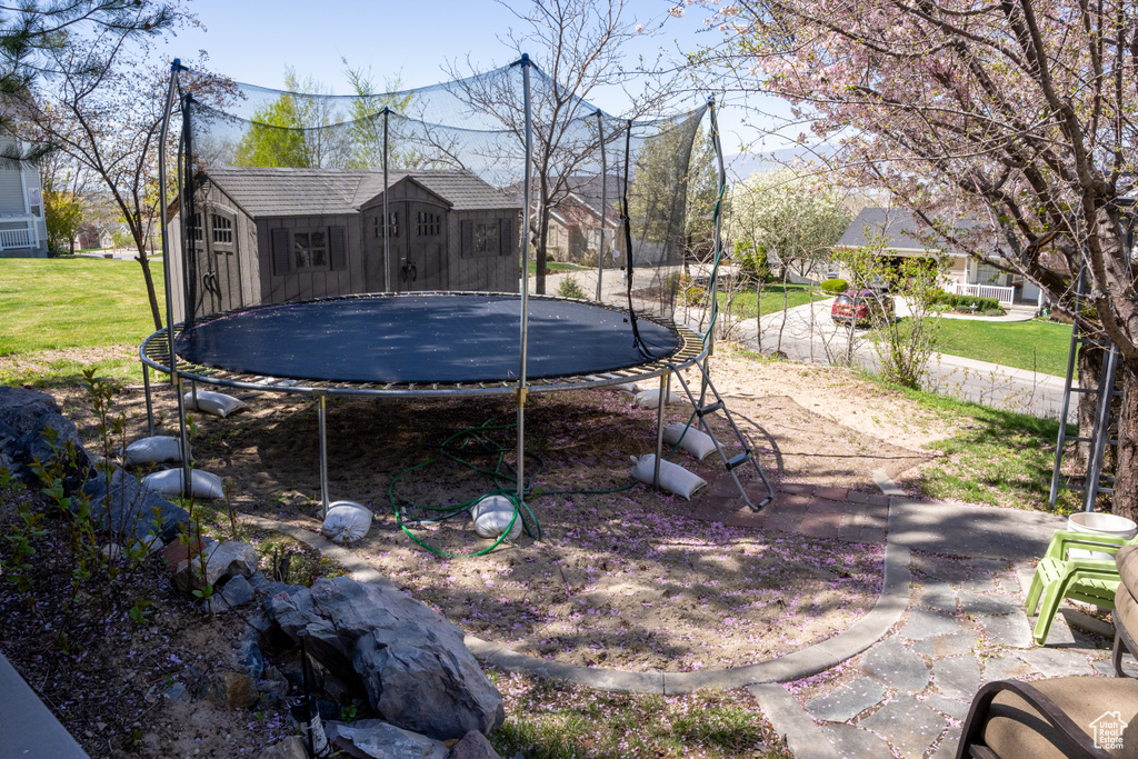 View of yard with a trampoline and an outdoor structure