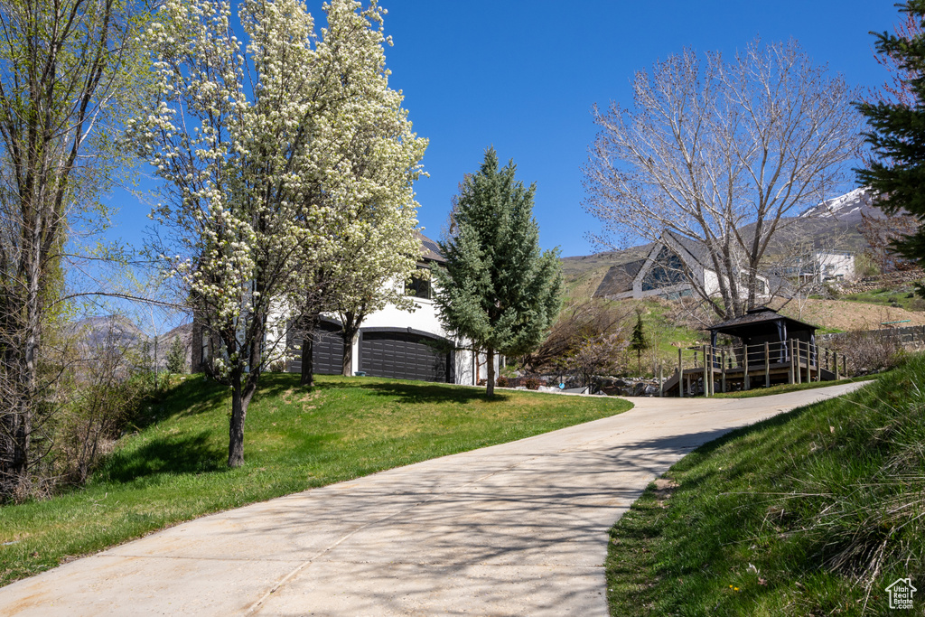 Exterior space with a mountain view and a front lawn