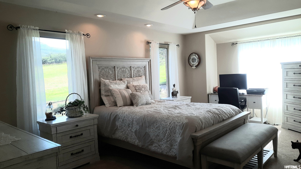 Bedroom featuring multiple windows, ceiling fan, and dark colored carpet