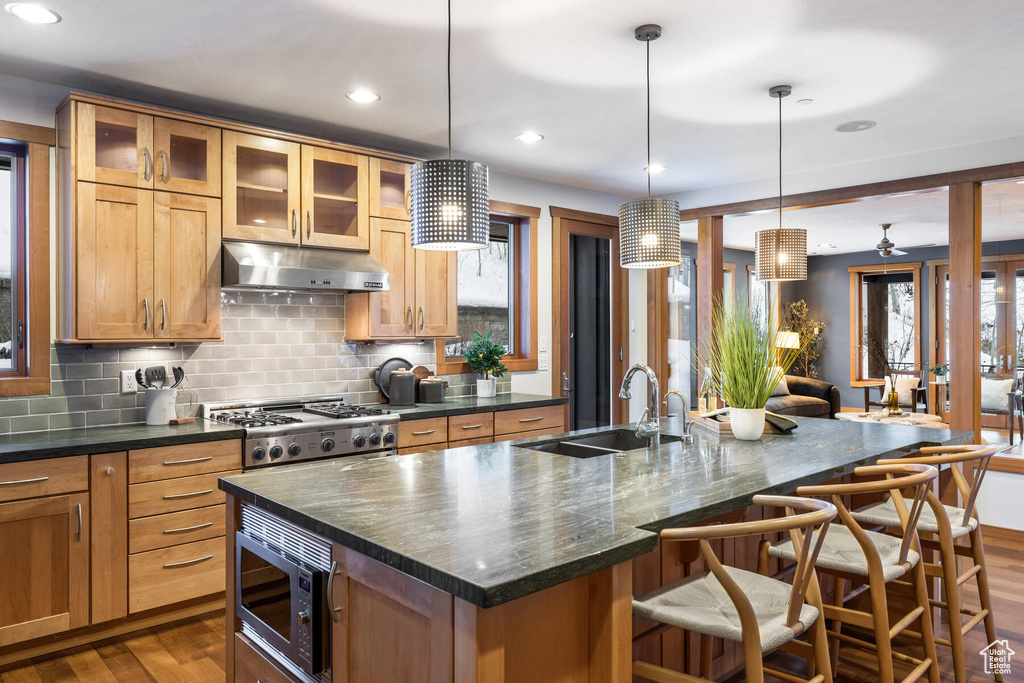 Kitchen with an island with sink, stainless steel microwave, dark hardwood / wood-style flooring, and sink