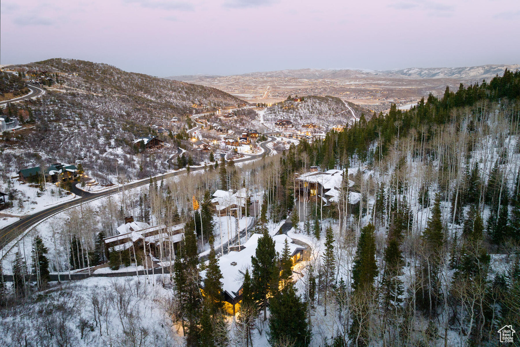 Snowy aerial view featuring a mountain view