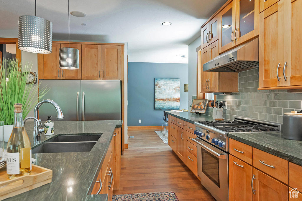 Kitchen with light hardwood / wood-style floors, stainless steel appliances, backsplash, hanging light fixtures, and sink