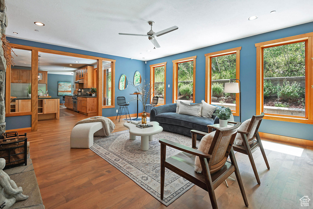 Living room featuring ceiling fan and hardwood / wood-style floors