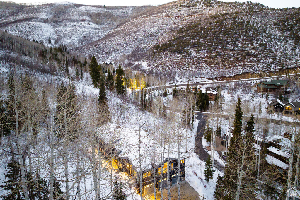 Snowy aerial view featuring a mountain view