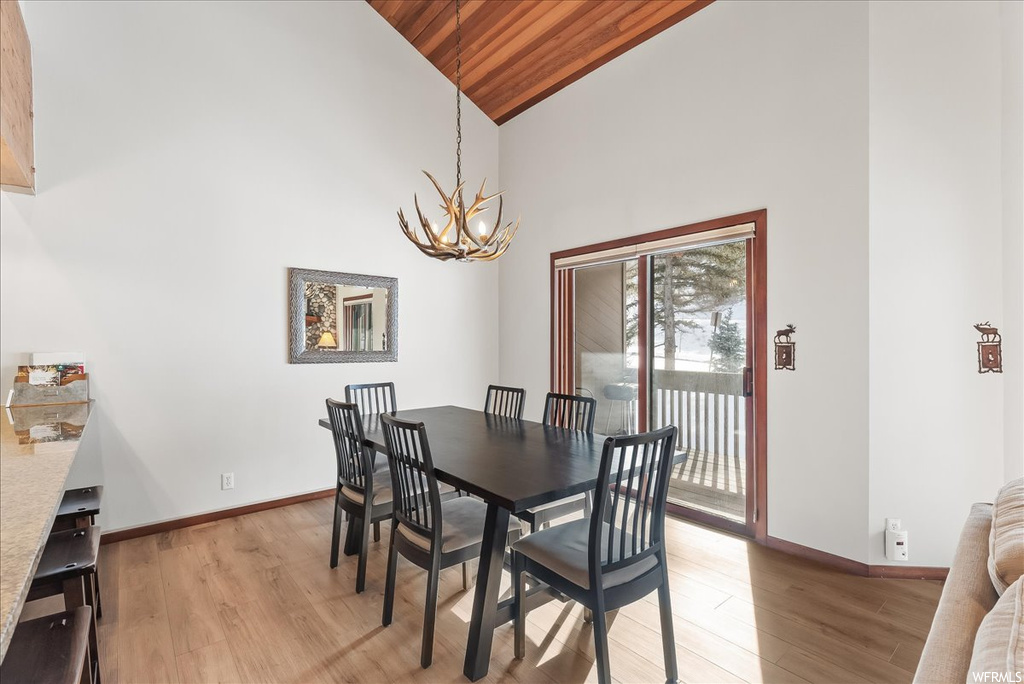 Dining room featuring high vaulted ceiling, wood ceiling, light hardwood / wood-style floors, and a chandelier
