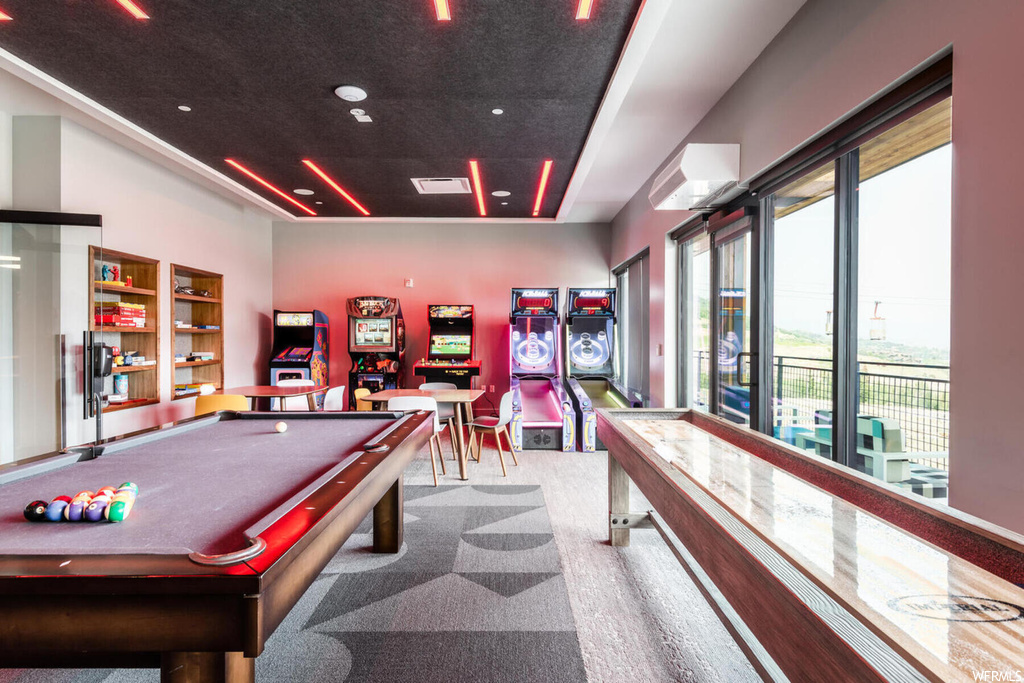 Rec room featuring billiards and light carpet