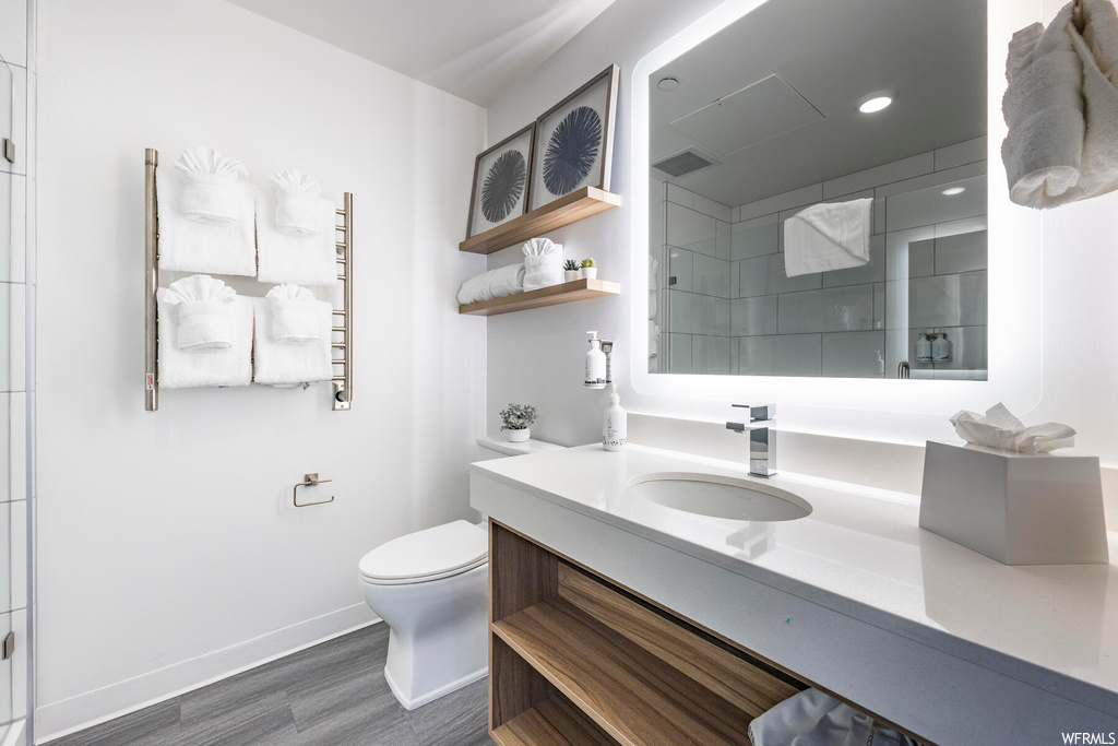 Bathroom with toilet, radiator, wood-type flooring, and vanity