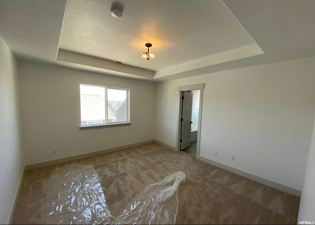 Spare room with a raised ceiling, light colored carpet, and a textured ceiling