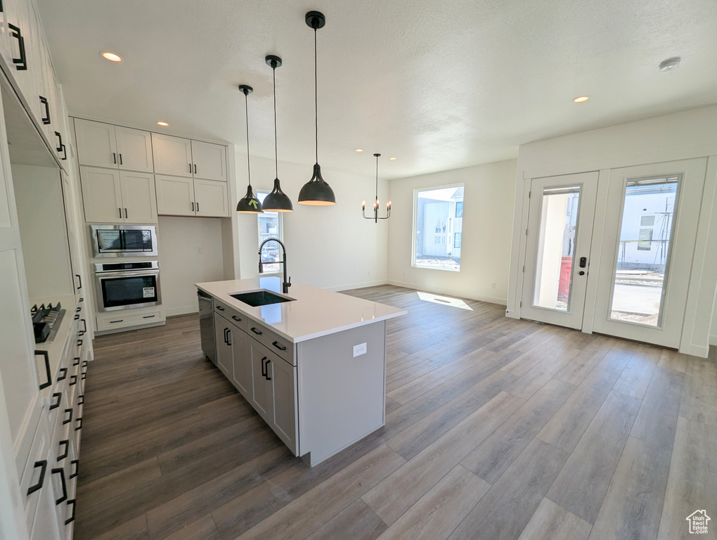 Kitchen featuring pendant lighting, white cabinets, hardwood / wood-style floors, stainless steel appliances, and an island with sink