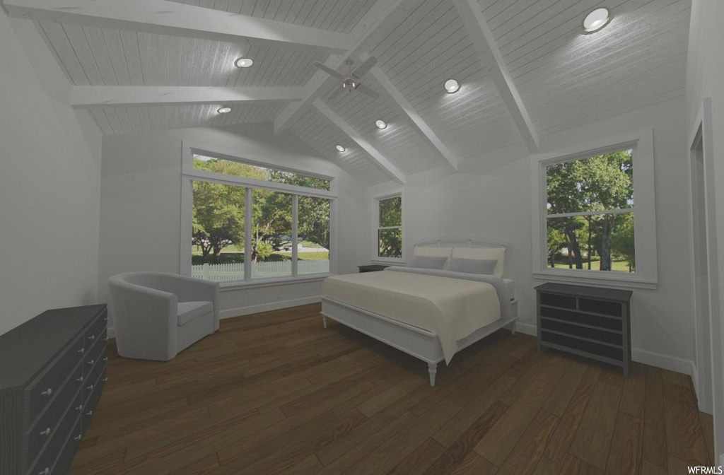 Bedroom with dark wood-type flooring, lofted ceiling with beams, and multiple windows