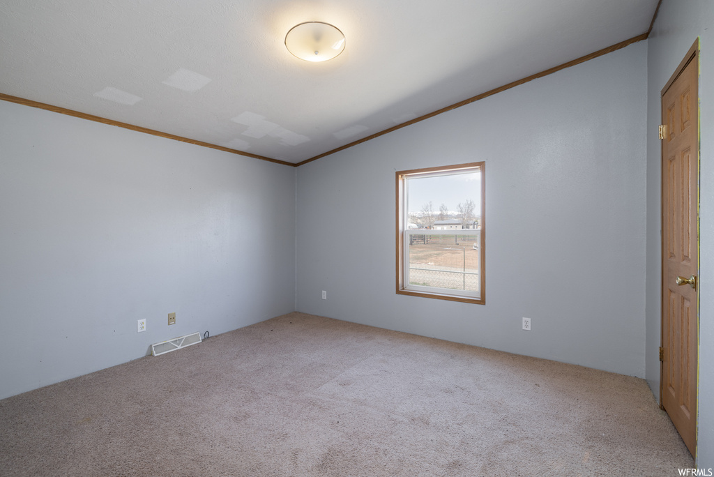 Carpeted spare room featuring lofted ceiling and ornamental molding
