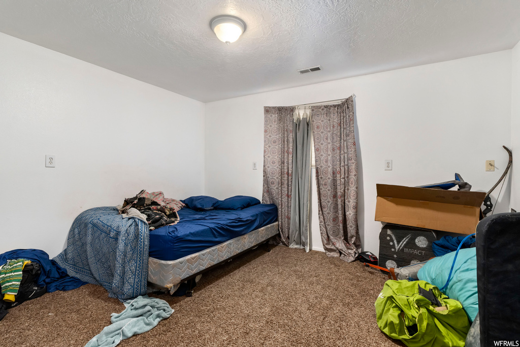 Carpeted bedroom with a textured ceiling