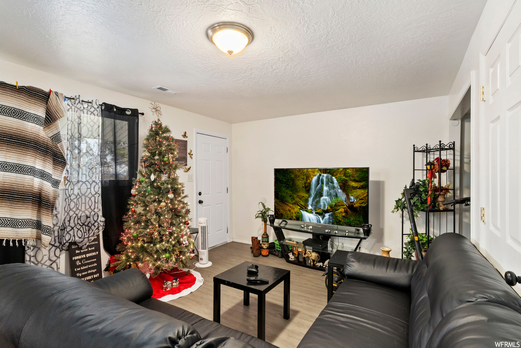 Living room featuring light hardwood / wood-style flooring and a textured ceiling