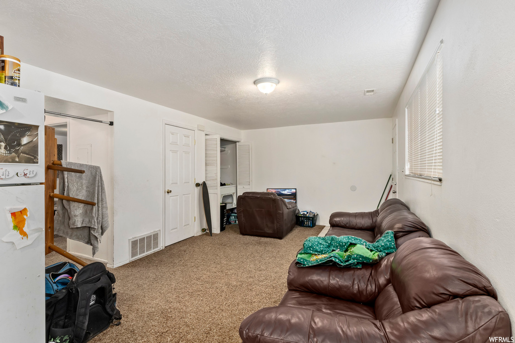 Living room with light colored carpet and a textured ceiling