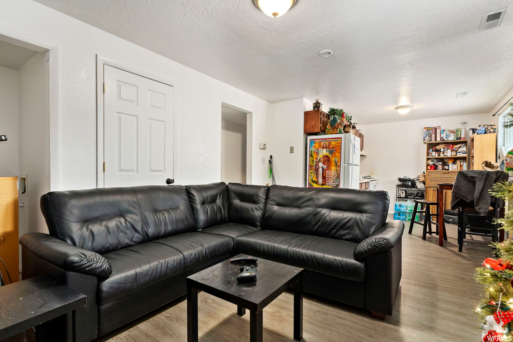 Living room featuring light hardwood / wood-style flooring and a textured ceiling