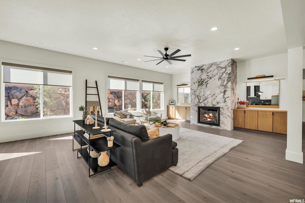 Living room featuring ceiling fan, a premium fireplace, and wood-type flooring