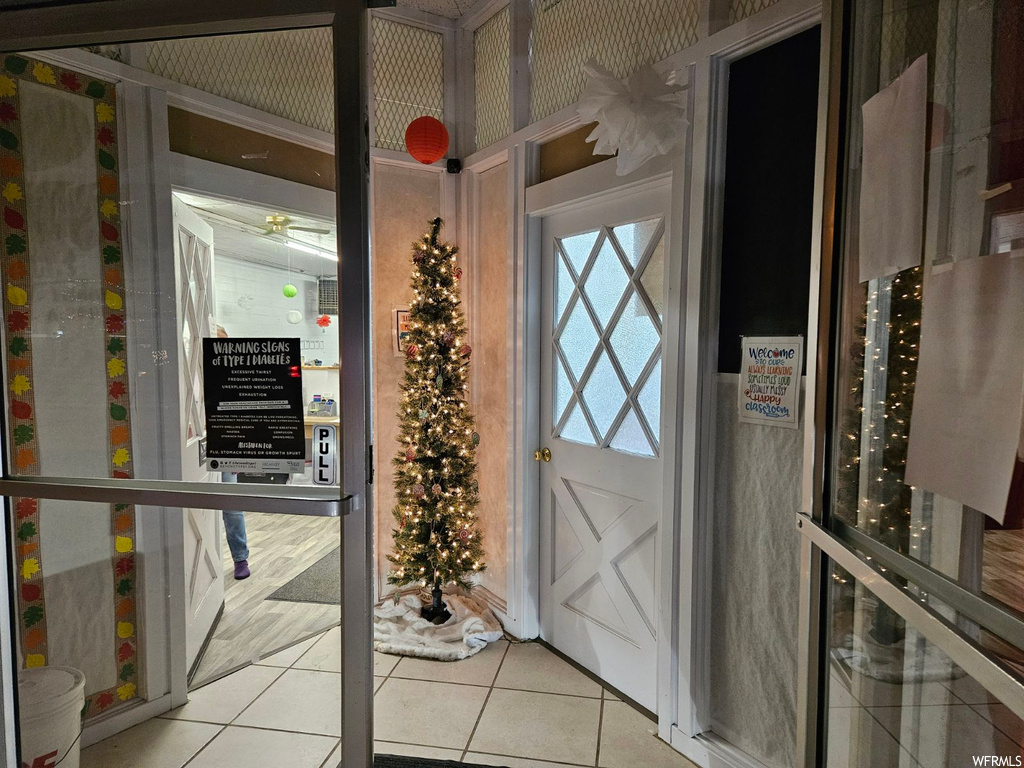 Interior space with light tile flooring