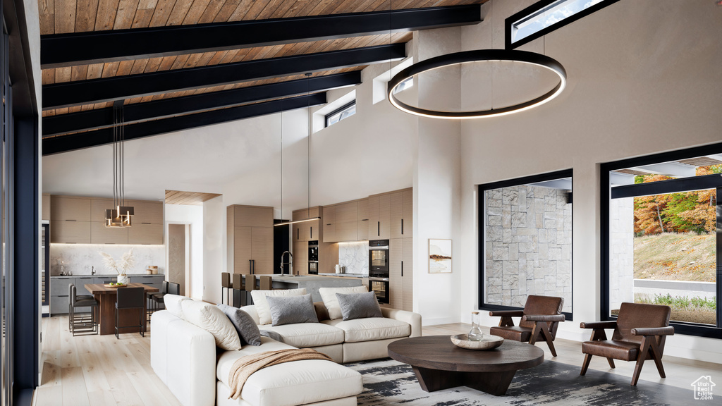 Living room featuring a notable chandelier, high vaulted ceiling, beamed ceiling, light hardwood / wood-style flooring, and wood ceiling