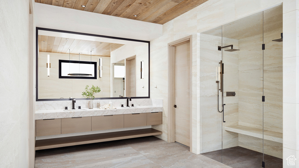Bathroom with an enclosed shower, dual vanity, and wooden ceiling