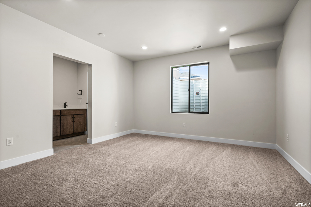 Unfurnished room with sink and light colored carpet
