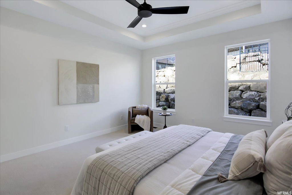 Bedroom featuring multiple windows, a raised ceiling, ceiling fan, and carpet flooring