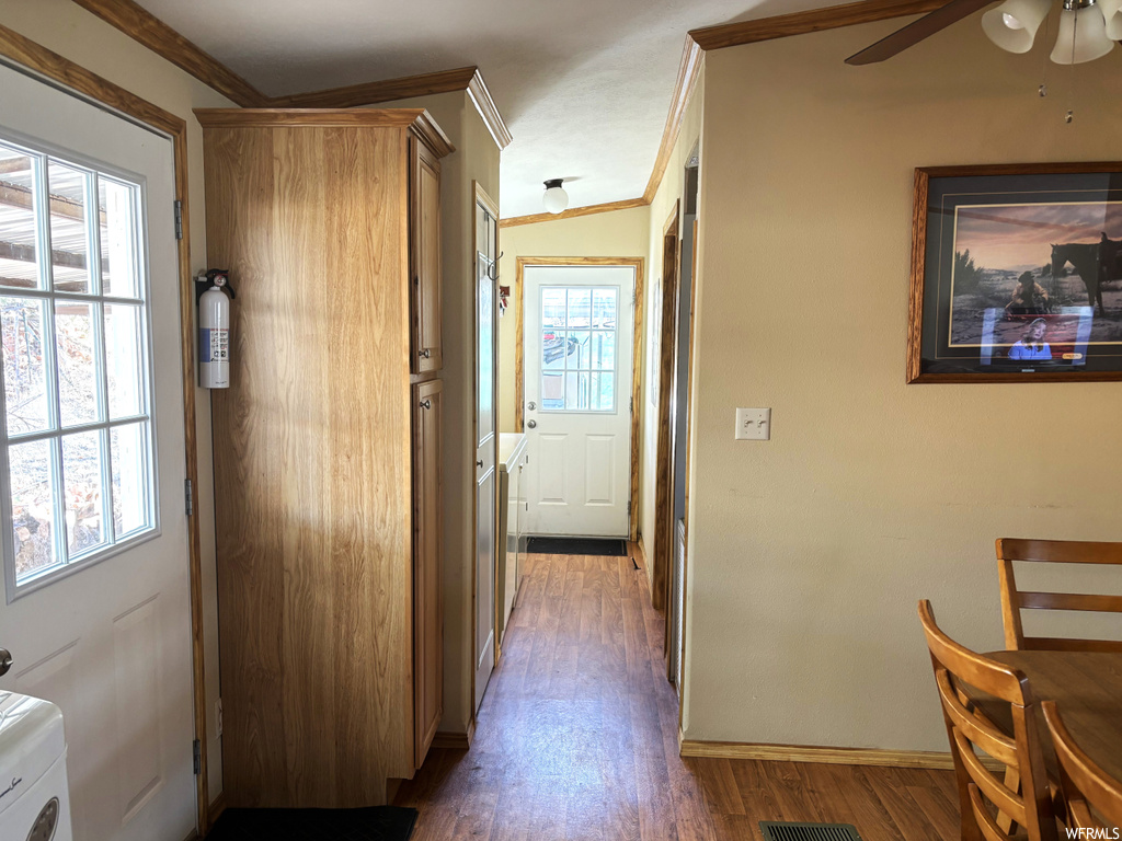 Hallway featuring dark hardwood / wood-style flooring, a healthy amount of sunlight, and crown molding