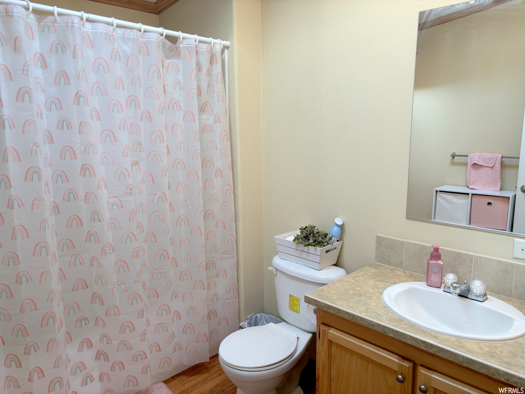 Bathroom featuring toilet, backsplash, and vanity with extensive cabinet space