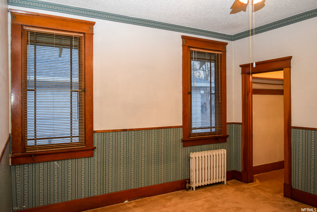 Carpeted empty room with radiator heating unit, a textured ceiling, ceiling fan, and crown molding