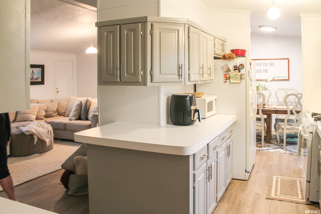 Kitchen with ornamental molding, pendant lighting, light hardwood / wood-style flooring, and range