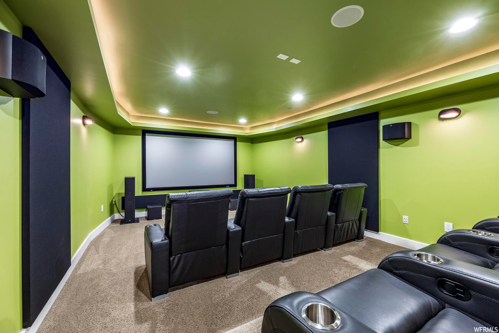 Carpeted cinema room featuring a raised ceiling