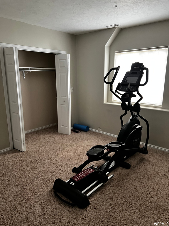 Workout area featuring a textured ceiling and carpet flooring