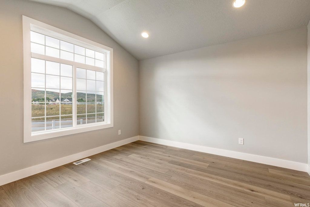 Unfurnished room featuring plenty of natural light, vaulted ceiling, and light hardwood / wood-style flooring