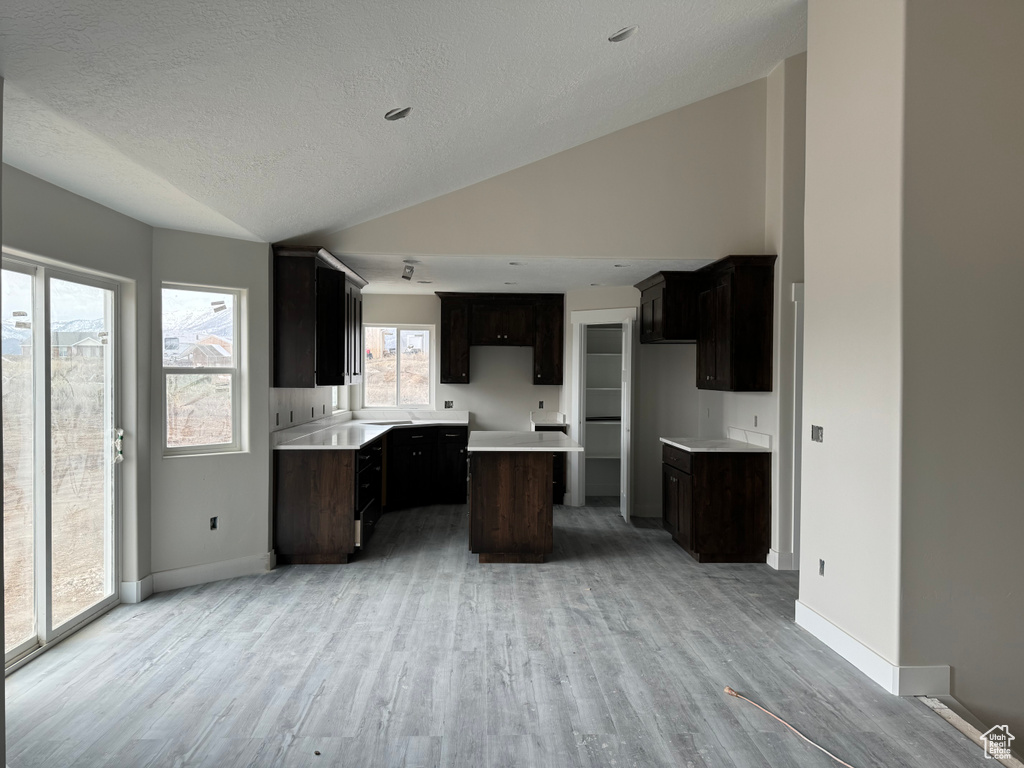 Kitchen featuring dark brown cabinets, a center island, high vaulted ceiling, and light hardwood / wood-style floors