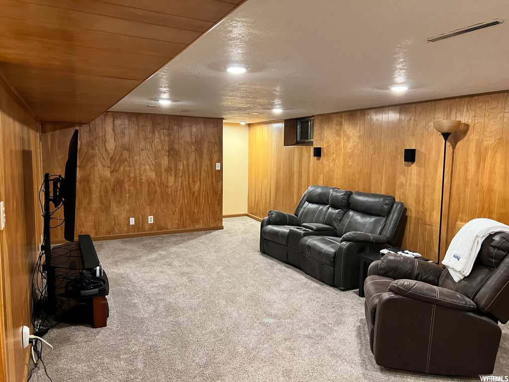 Carpeted cinema featuring wood walls
