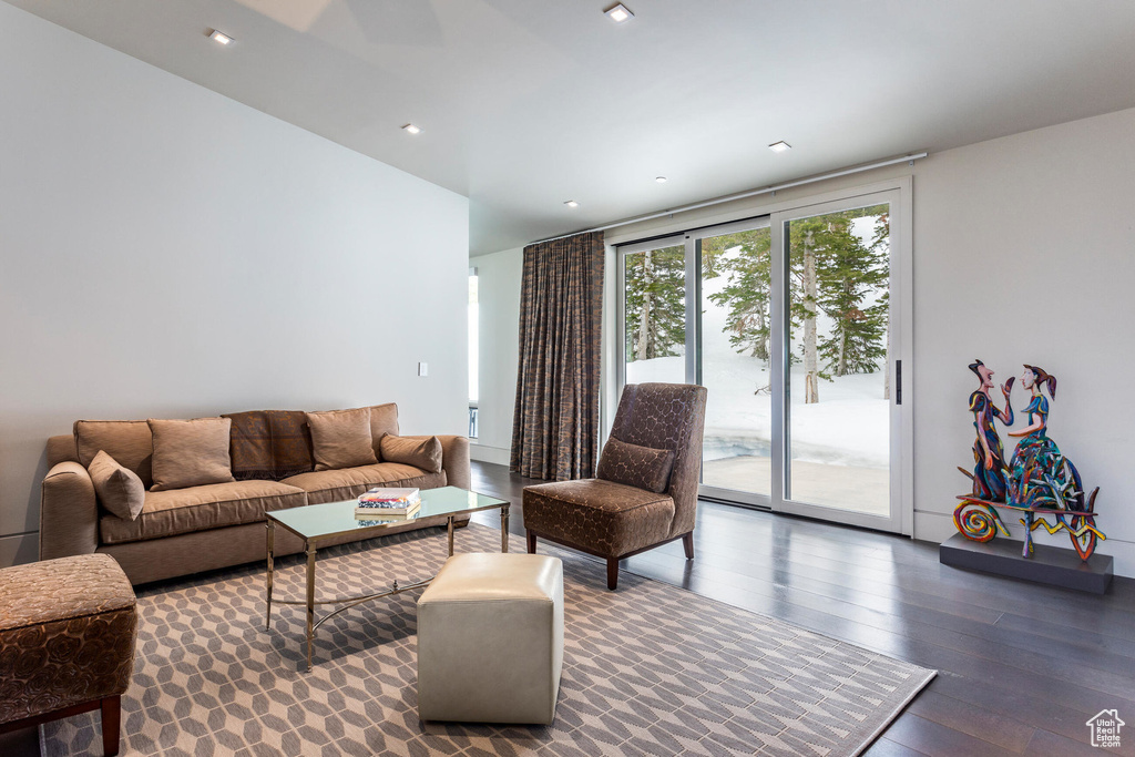 Living area with hardwood / wood-style floors and recessed lighting